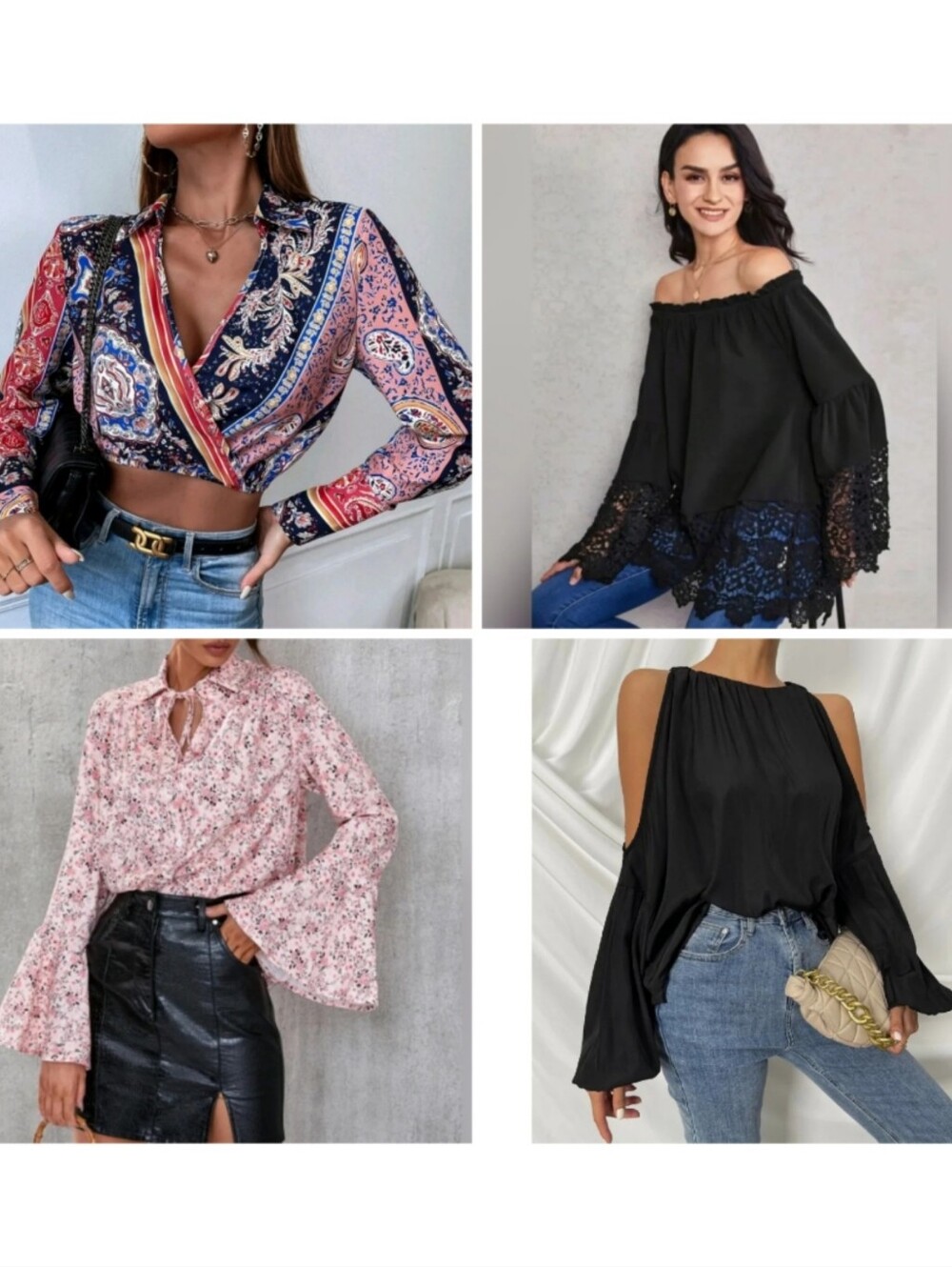 NIP  Top Bundle 4 Pcs Boho Blouses Long Sleeve Lace Crop Size Small